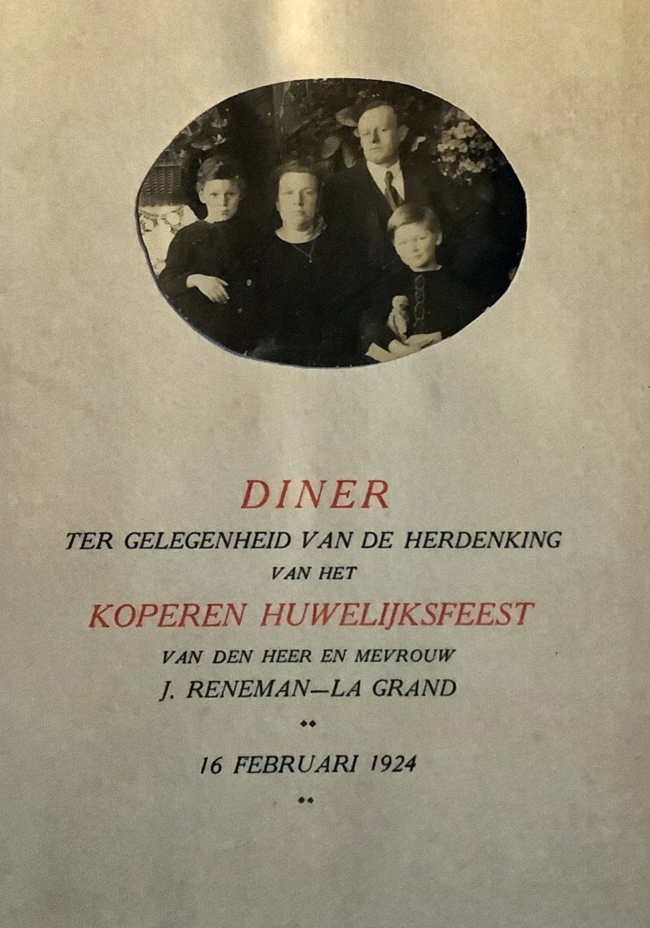 Aankondiging diner t.g.v. koperen bruiloft Reneman-la Grand